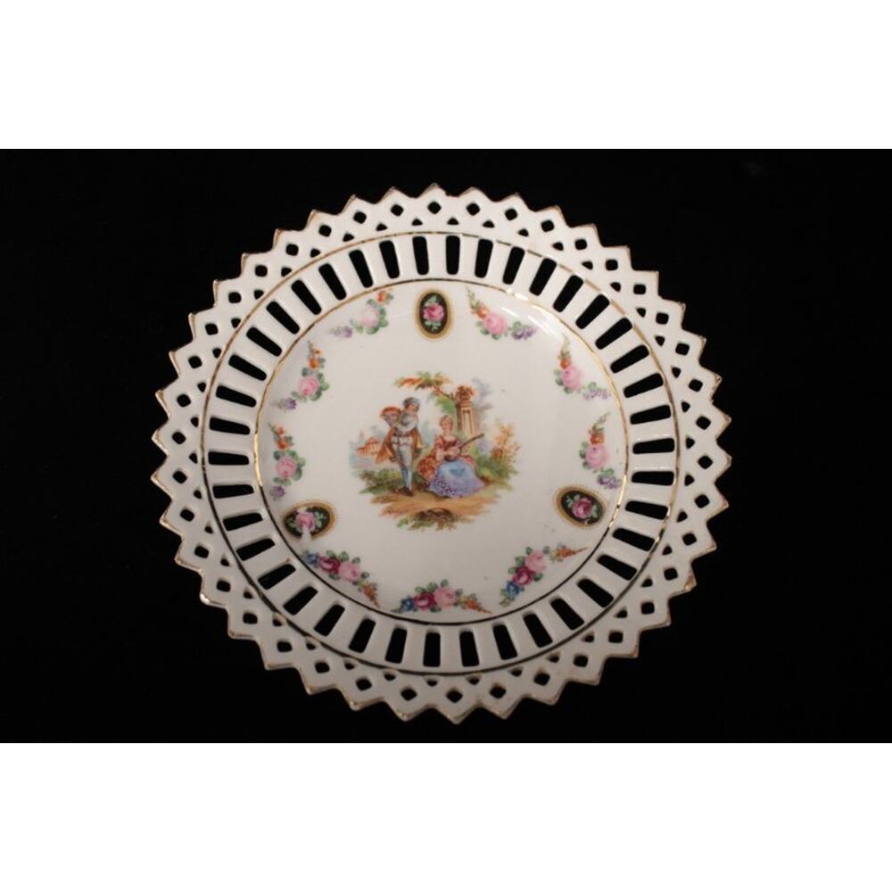 Reticulated Porcelain Plates Germany Rococo Courting Couple Fragonard Pierced pr - Picture 2 of 6